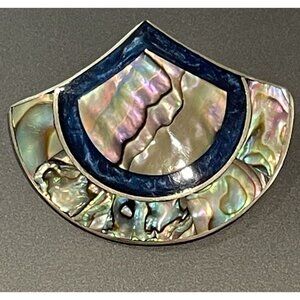Vintage Alpaca Abalone Inlay Brooch Pin Pendant Studio Modernist Shield Mex 2”